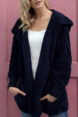 Blue Soft Fleece Hooded Open Front Coat From MsDressly