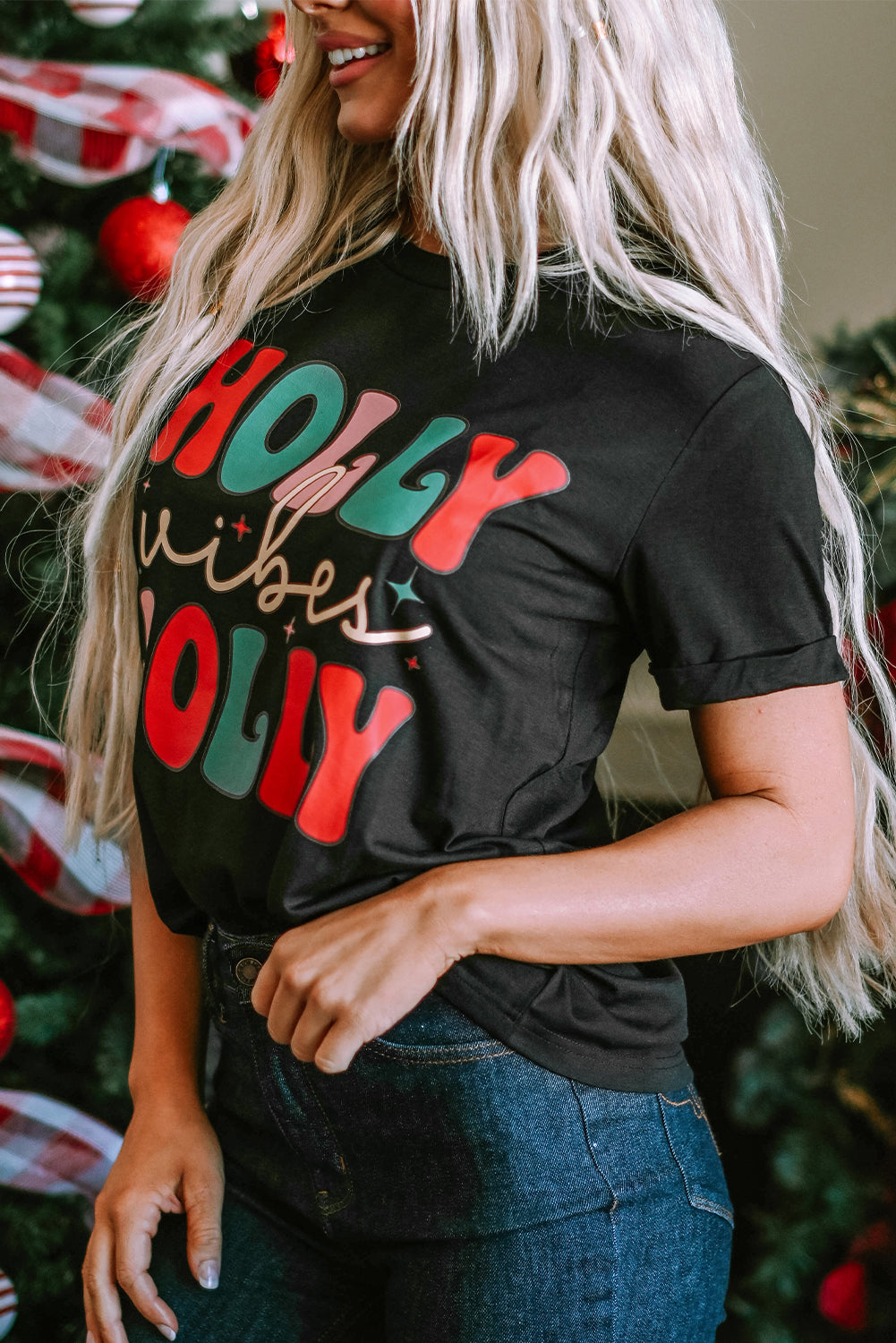 Black HOLLY JOLLY Vibes Christmas Crew Neck T Shirt from MsDressly