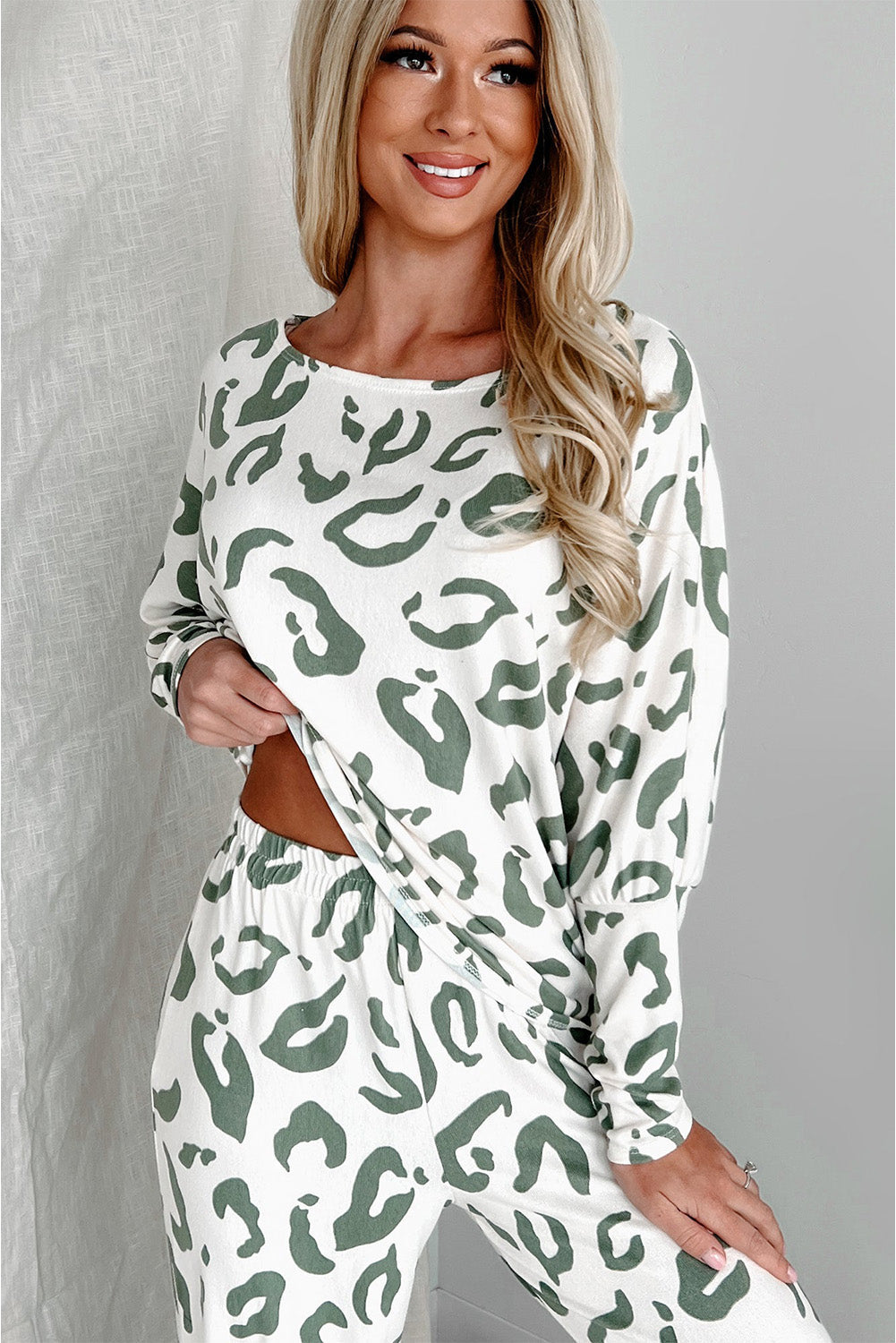 Beige Leopard Animal Print Long Sleeve and Pants Loungewear Set from MsDressly