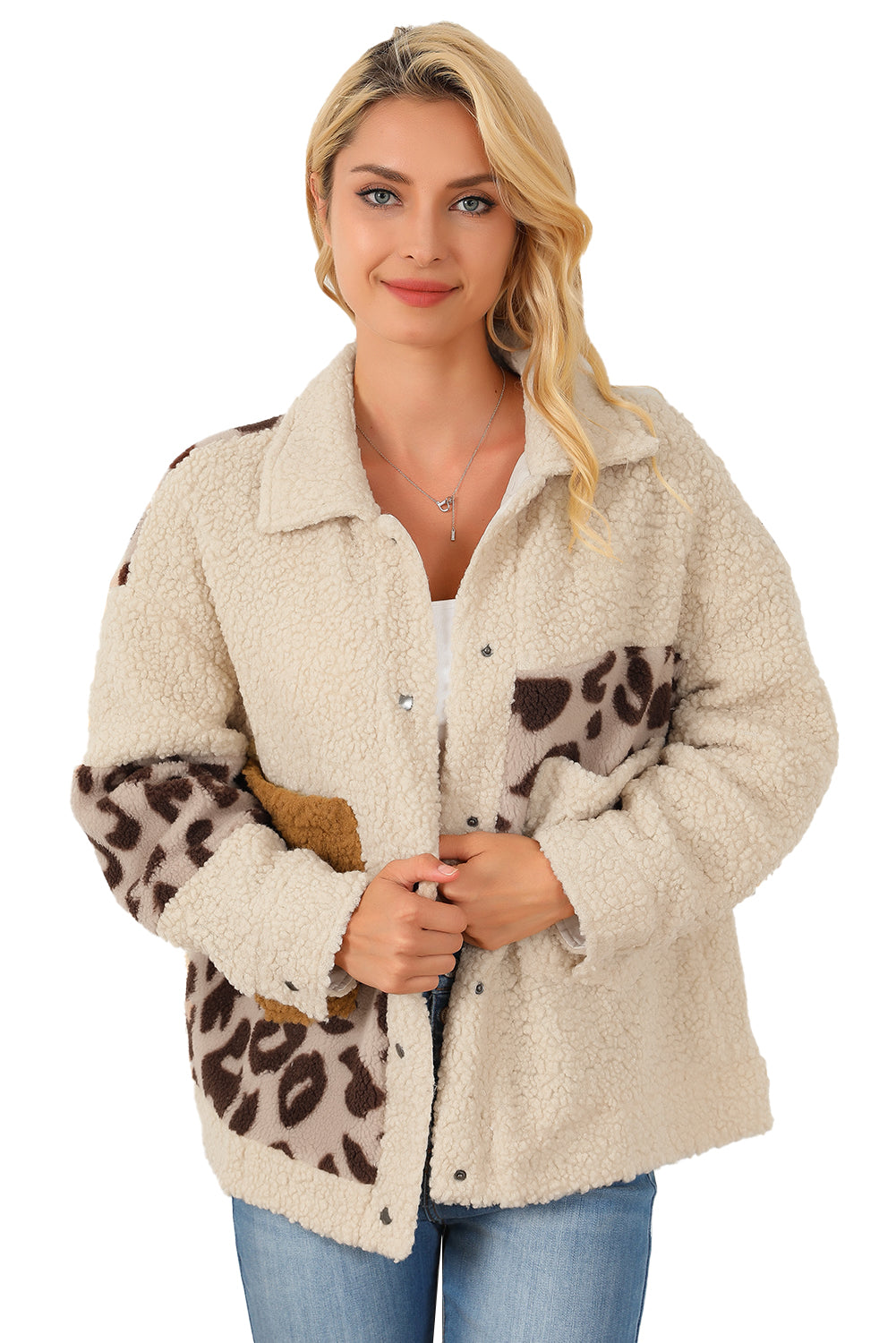 Beige Leopard Patchwork Snap Buttons Sherpa Jacket from MsDressly