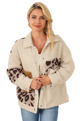 Beige Leopard Patchwork Snap Buttons Sherpa Jacket from MsDressly