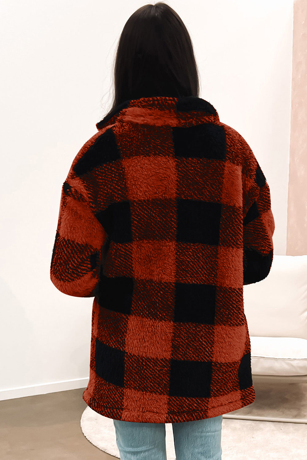 Brown Fuzzy Plaid Flap Button Up Midi Coat From MsDressly