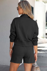 Black Casual High Neck Henley Top and Short Outfit from MsDressly