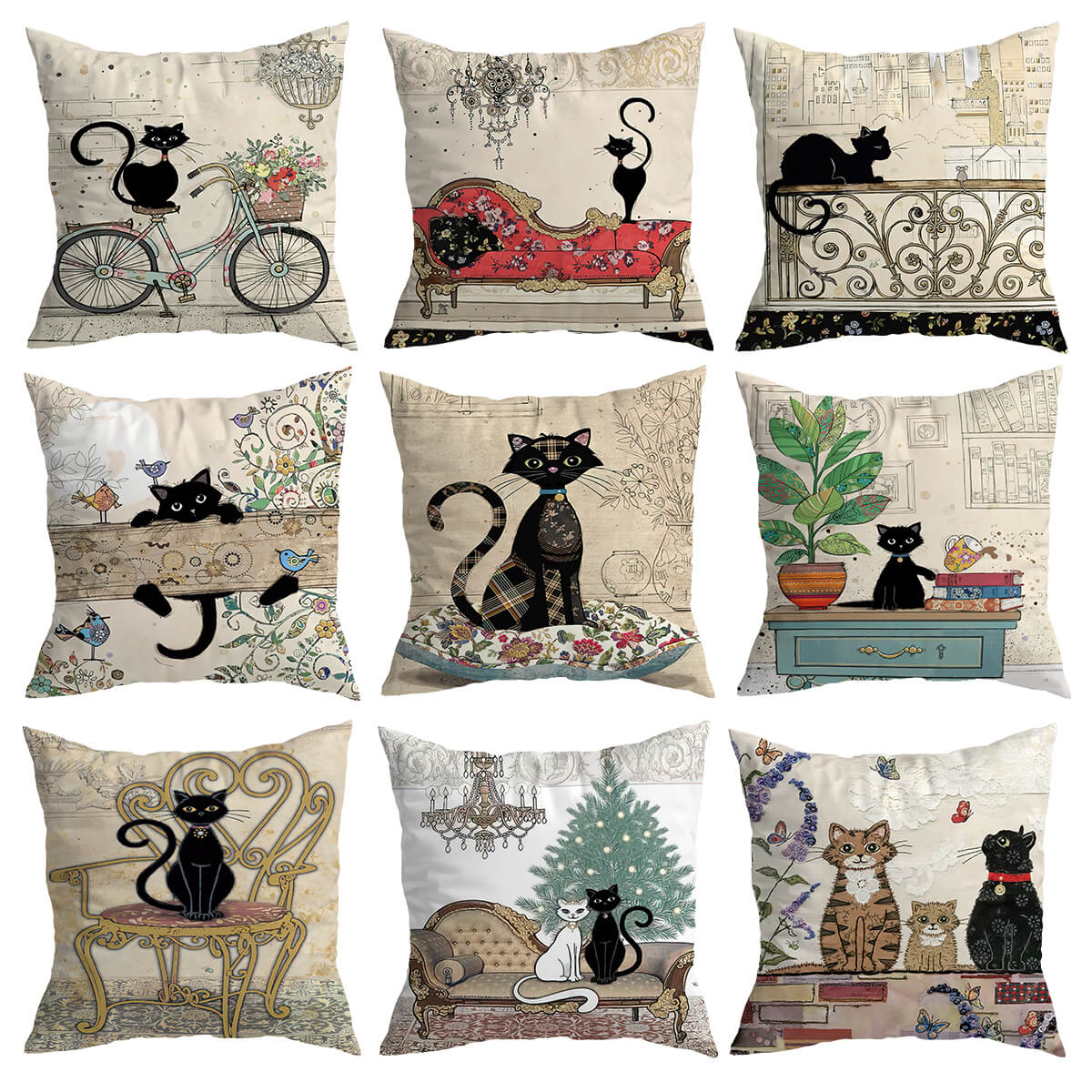 Vintage Black Cat Cushion Covers from Moderny