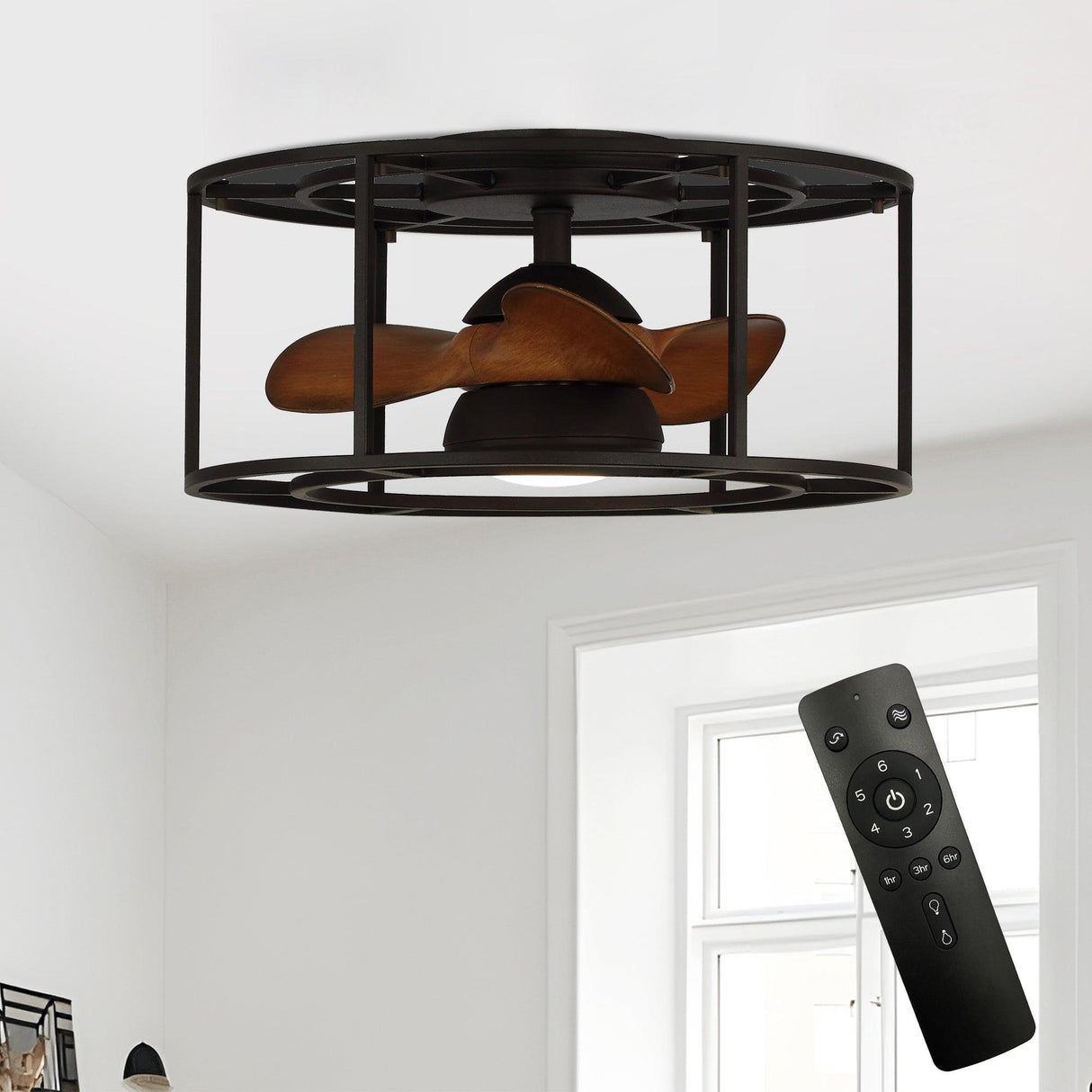 Kanpur Industrial 20" Flush Mount Reversible Ceiling Fan with LED Lighting and Remote Control From ParrotUncle