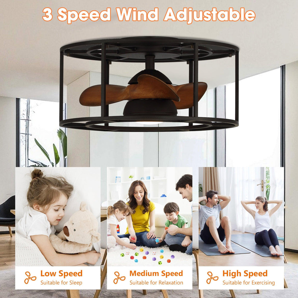 Kanpur Industrial 20" Flush Mount Reversible Ceiling Fan with LED Lighting and Remote Control From ParrotUncle