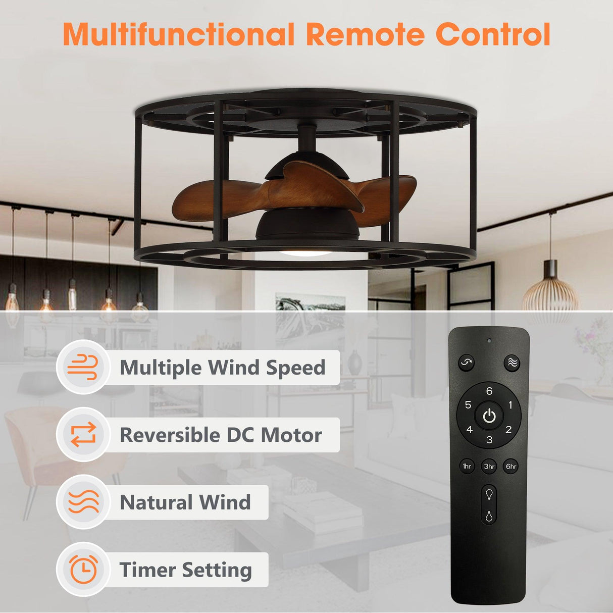 Kanpur Industrial 20" Flush Mount Reversible Ceiling Fan with LED Lighting and Remote Control From ParrotUncle