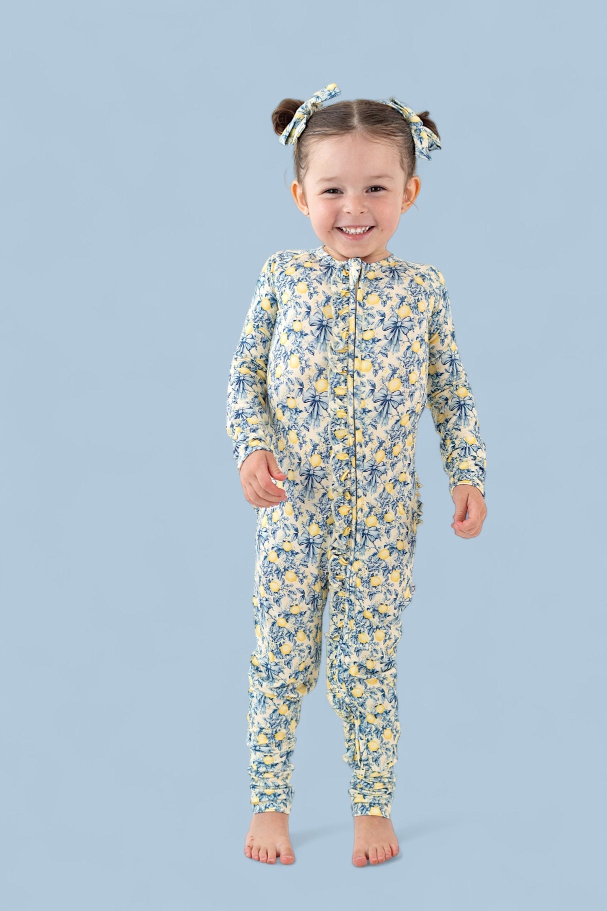 VINTAGE CITRUS TOILE DREAM RUFFLE ROMPER from DREAM BIG LITTLE CO