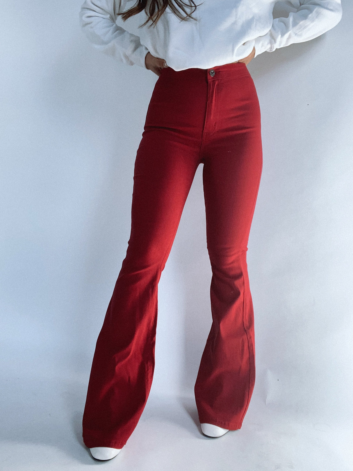 Fiona High Waisted Bell Bottom Flare Jeans -  Burgundy from Willow Boutique