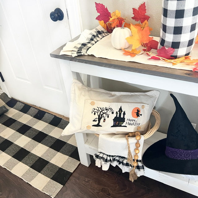 Holiday Panel: Halloween October 31st Fall Autumn Bats Flying Witch Dead Tree Mansion; HAPPY HAUNTING HAUNTED HOUSE From PillowPanels