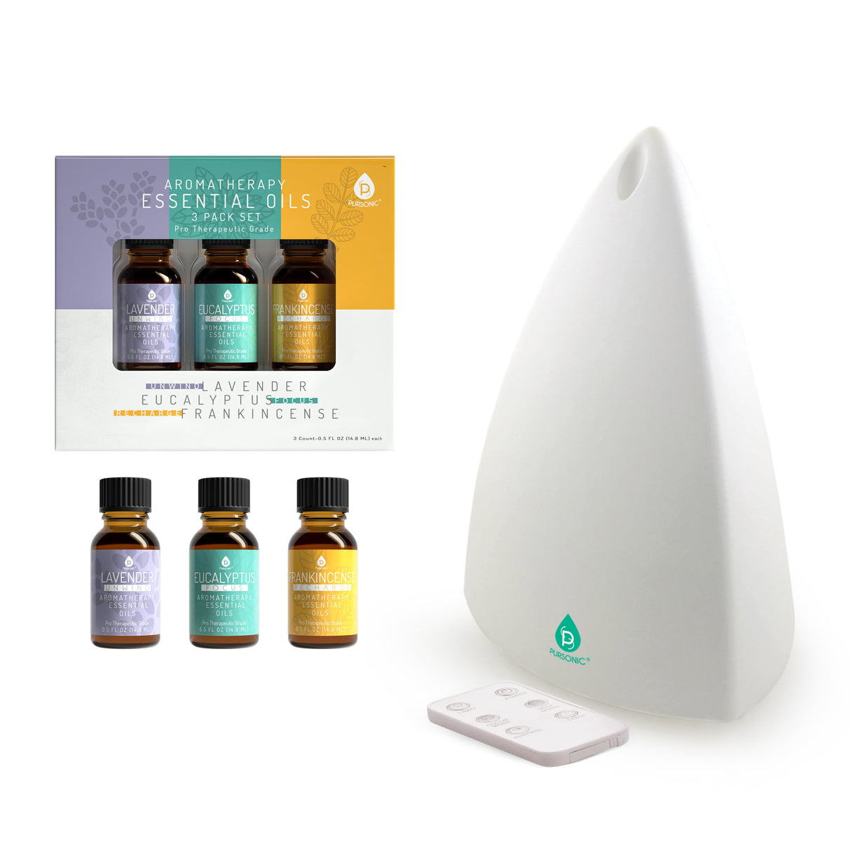 Pursonic Aromatherapy Diffuser & Essential Oil Set -Ultrasonic Top 3 Oils from Pursonic