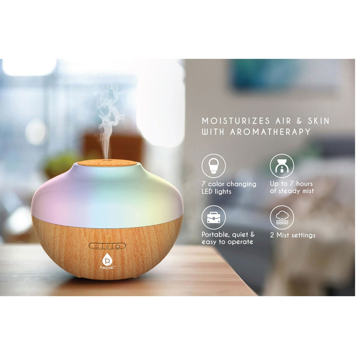 Pursonic Aromatherapy Diffuser & Essential Oil Set-Ultrasonic Top 3 Oils-300ml with 2 Mist Settings 7 Ambient Light Settings from Pursonic