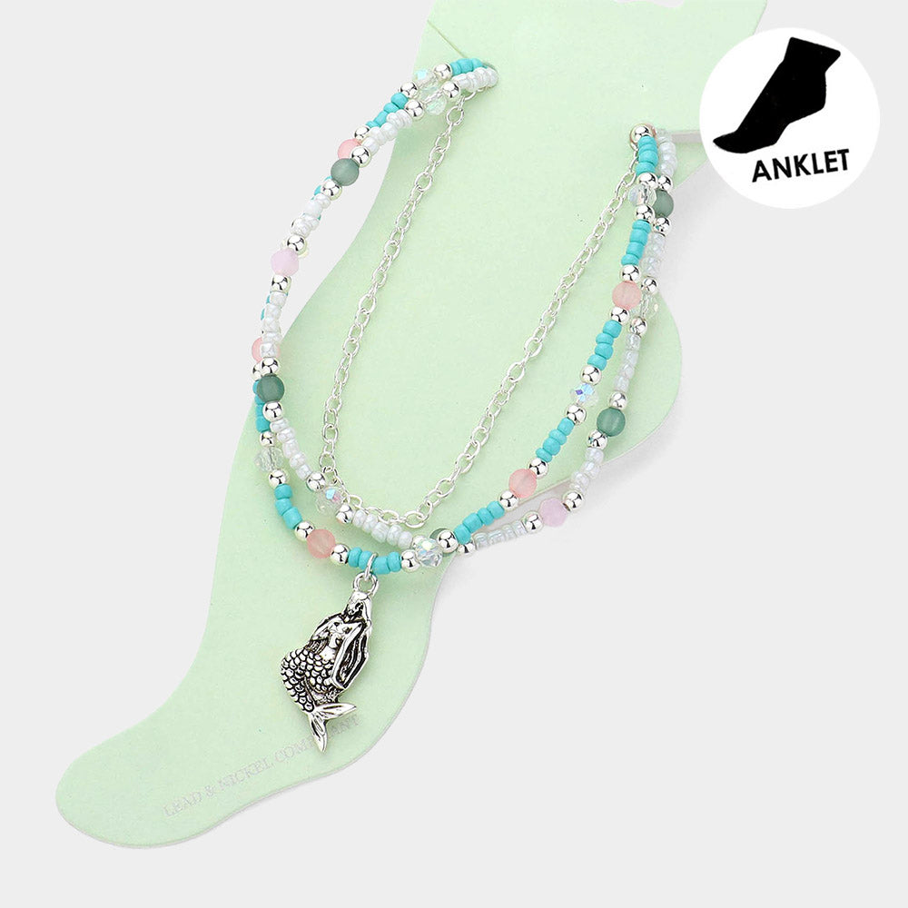Mermaid Charm Seed Beads Faceted Beads Beaded Triple Layered Anklet from Madeline Love