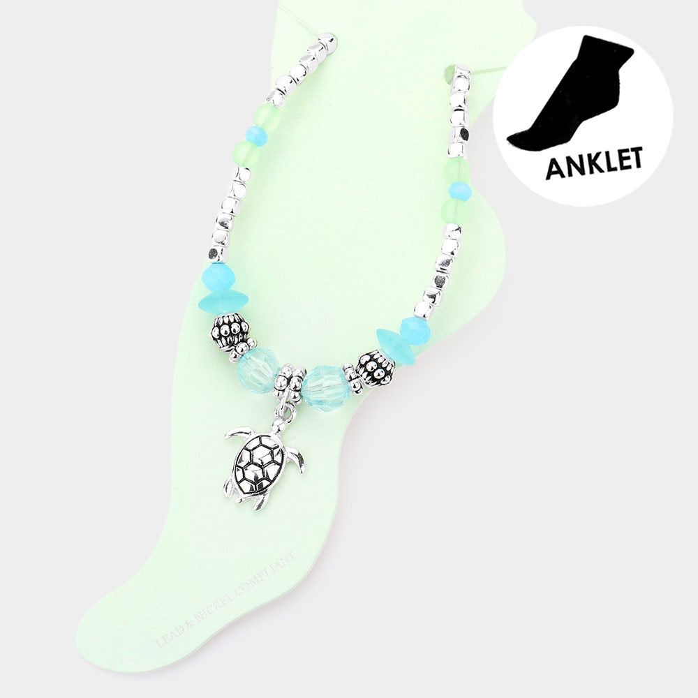 Antique Metal Turtle Charm Beaded Anklet from Madeline Love