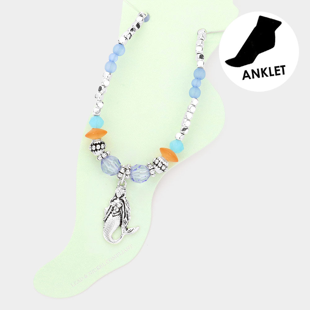 Antique Metal Mermaid Charm Beaded Anklet from Madeline Love