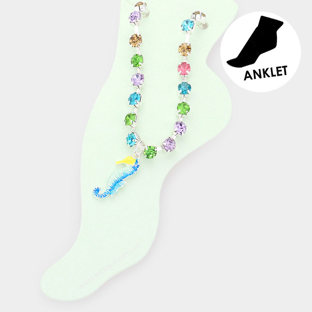 Enamel Seahorse Charm Round Stone Anklet from Madeline Love