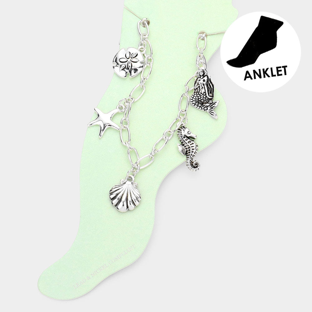 Antique Metal Sand Dollar Starfish Shell Seahorse Mermaid Charm Station Anklet from Madeline Love