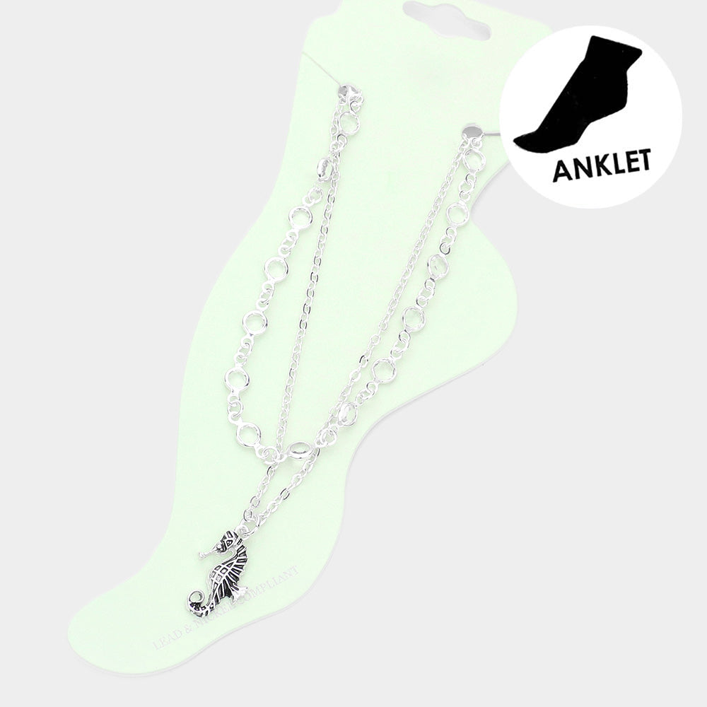 Metal Seahorse Charm Round Bead Link Double Layered Anklet from Madeline Love