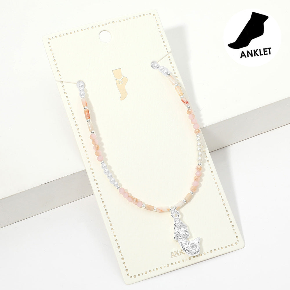 Metal Mermaid Charm Pearl Faceted Beaded Anklet from Madeline Love