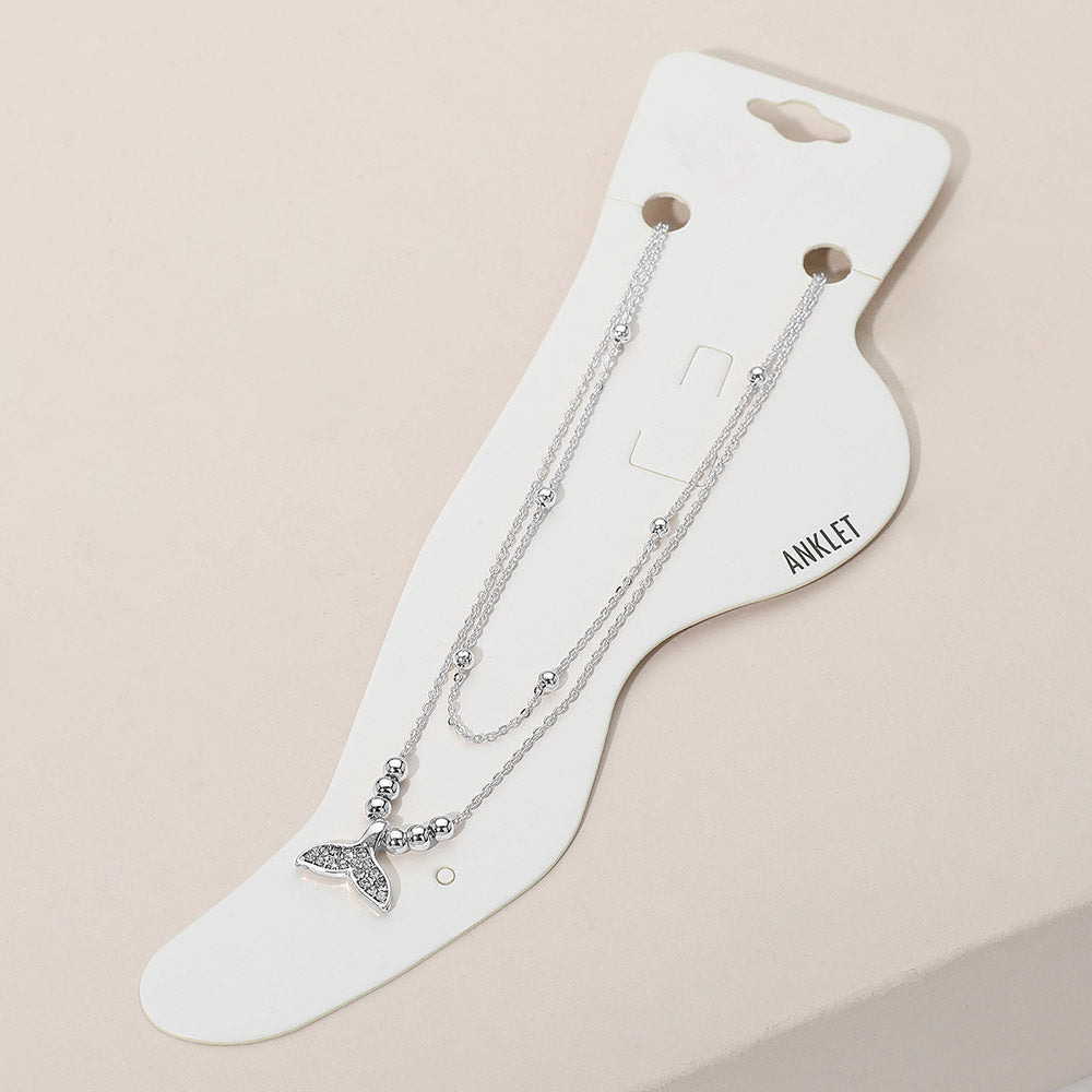 2PCS - Stone Paved Whale Tail Pointed Metal Ball Station Chain Anklets from Madeline Love