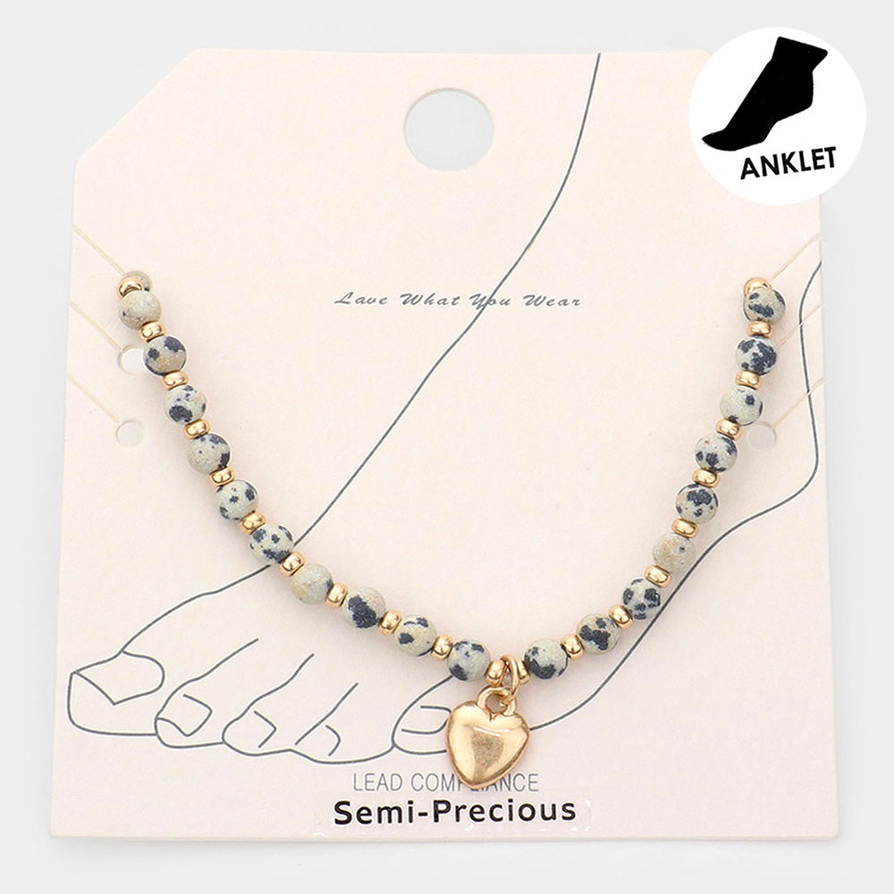 Metal Heart Charm Semi Precious Stretch Anklet from Madeline Love