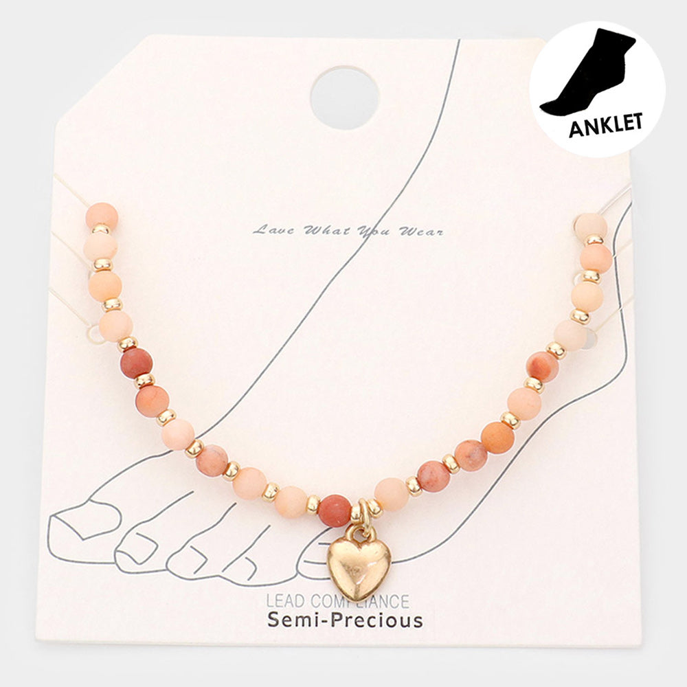 Metal Heart Charm Semi Precious Stretch Anklet from Madeline Love