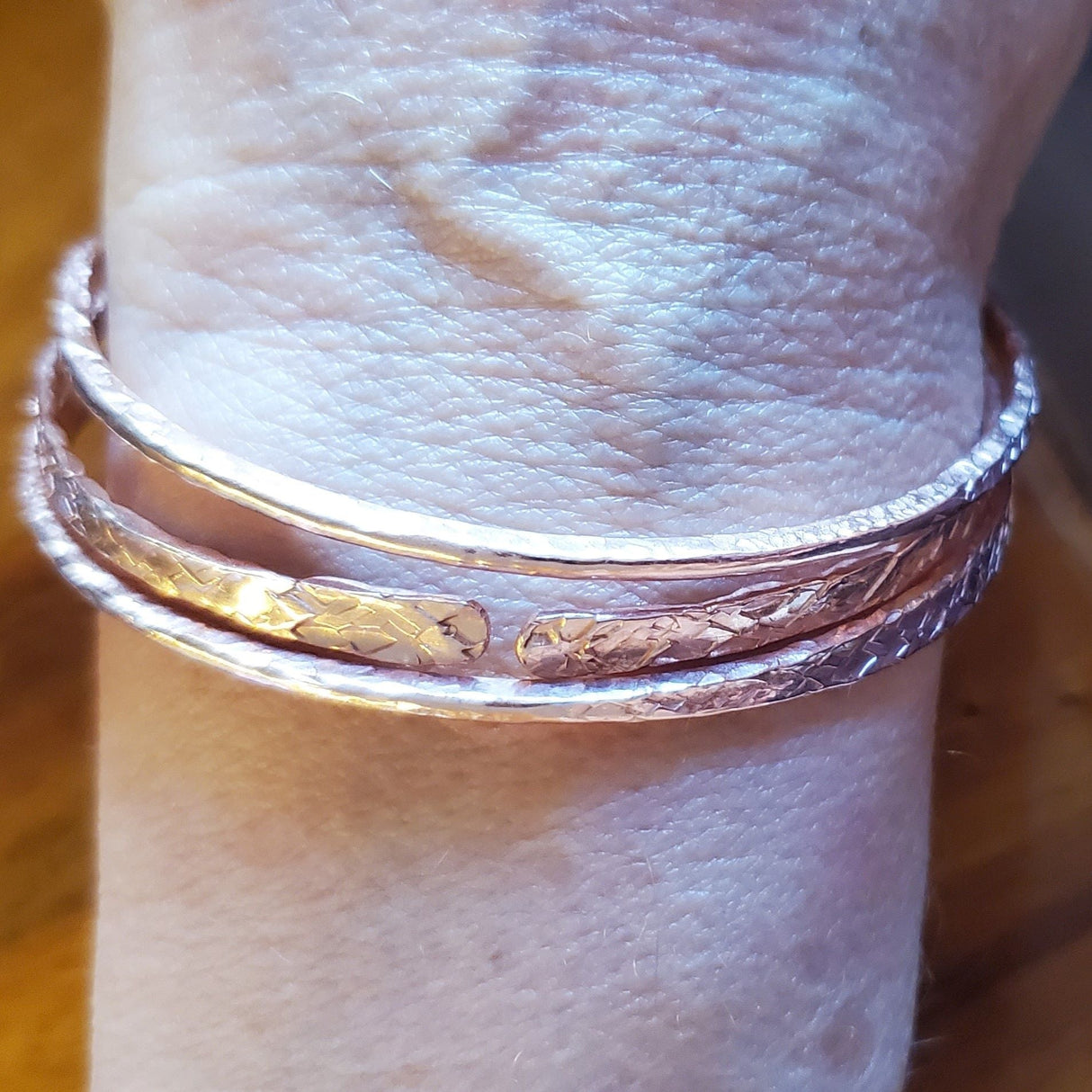 Stackable Hammered Double Canted Angle Bangles from Alexa Martha Designs
