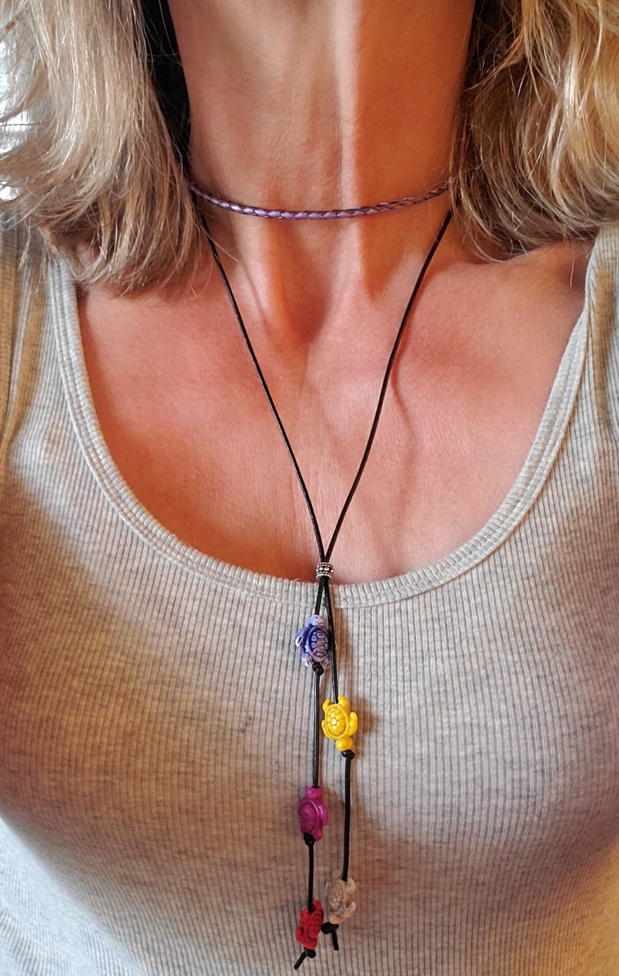 Handmade Black Leather Colored Ceramic Talking Turtle Bolo Necklace from Alexa Martha Designs