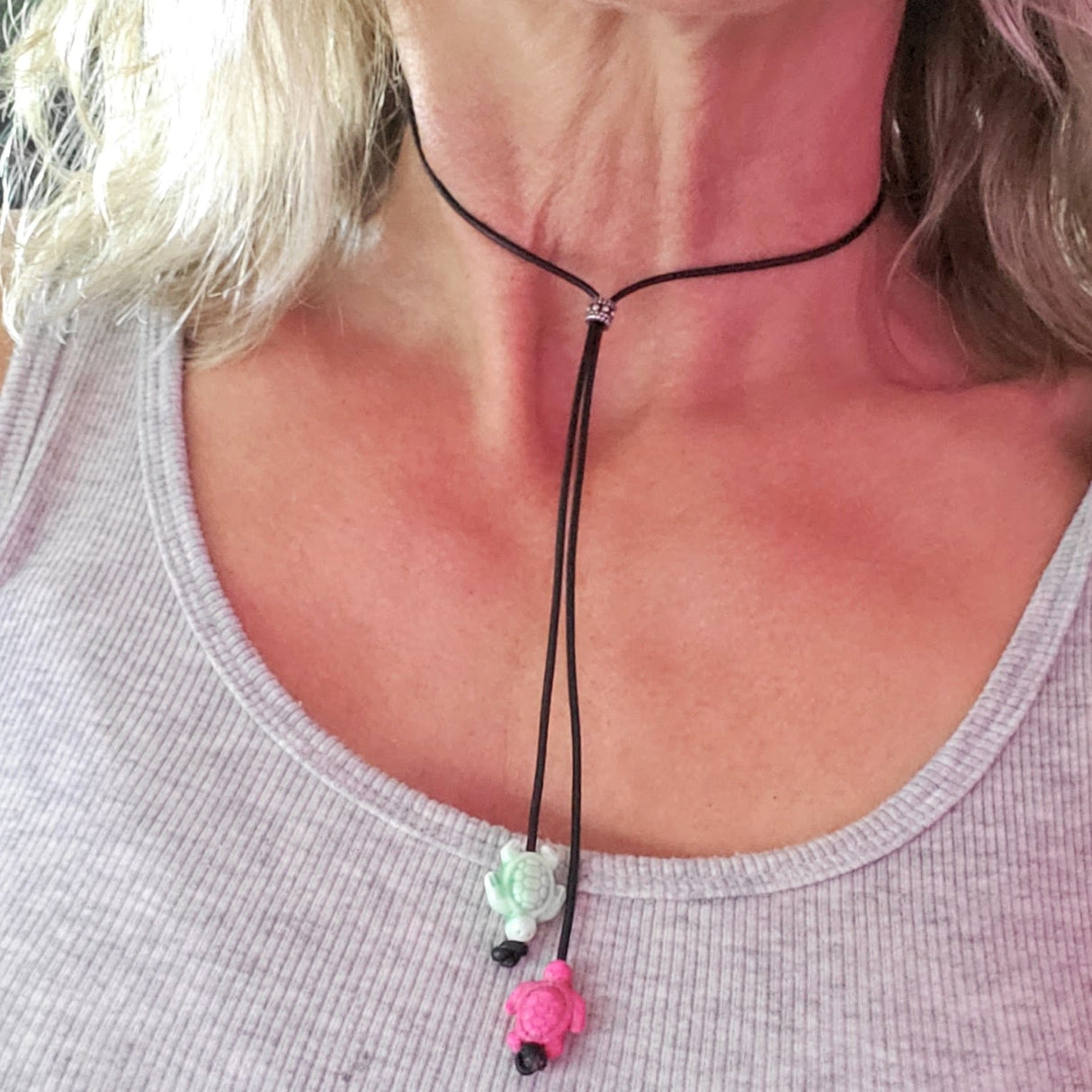 Handmade Black Leather Colored Ceramic Talking Turtle Bolo Necklace from Alexa Martha Designs