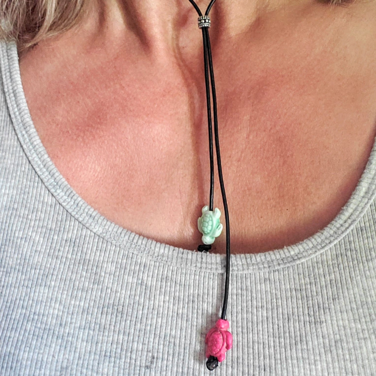 Handmade Black Leather Colored Ceramic Talking Turtle Bolo Necklace from Alexa Martha Designs