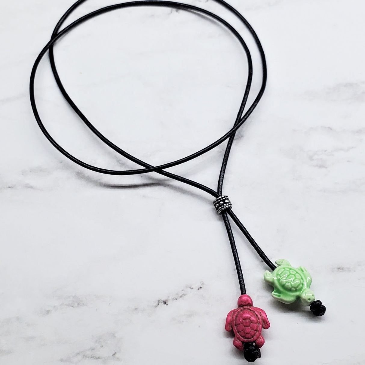 Handmade Black Leather Colored Ceramic Talking Turtle Bolo Necklace from Alexa Martha Designs