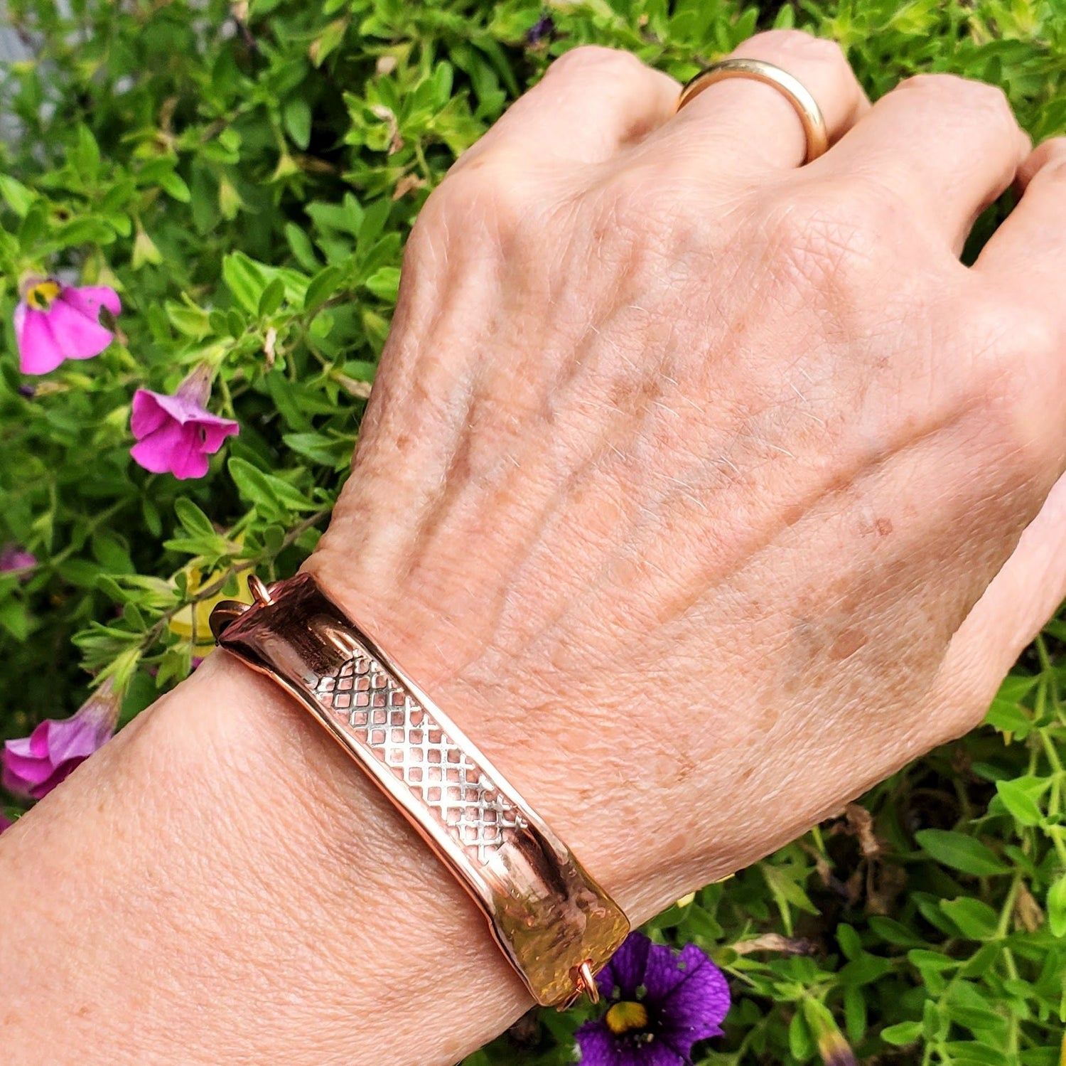 Adjustable Handmade Sculpted Copper Channel Silver Mesh Cuff Bracelet from Alexa Martha Designs