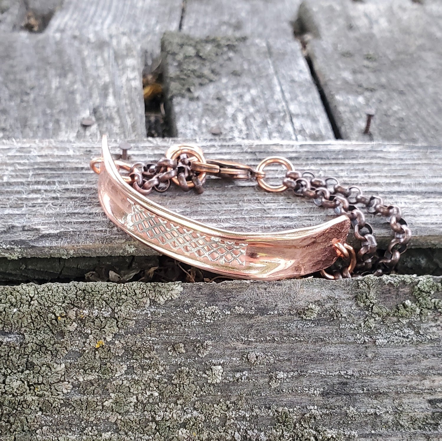 Adjustable Handmade Sculpted Copper Channel Silver Mesh Cuff Bracelet from Alexa Martha Designs