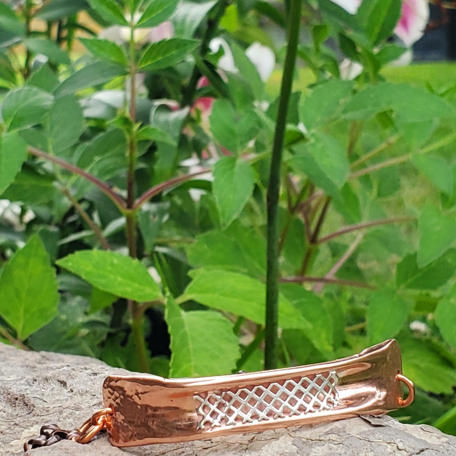 Adjustable Handmade Sculpted Copper Channel Silver Mesh Cuff Bracelet from Alexa Martha Designs