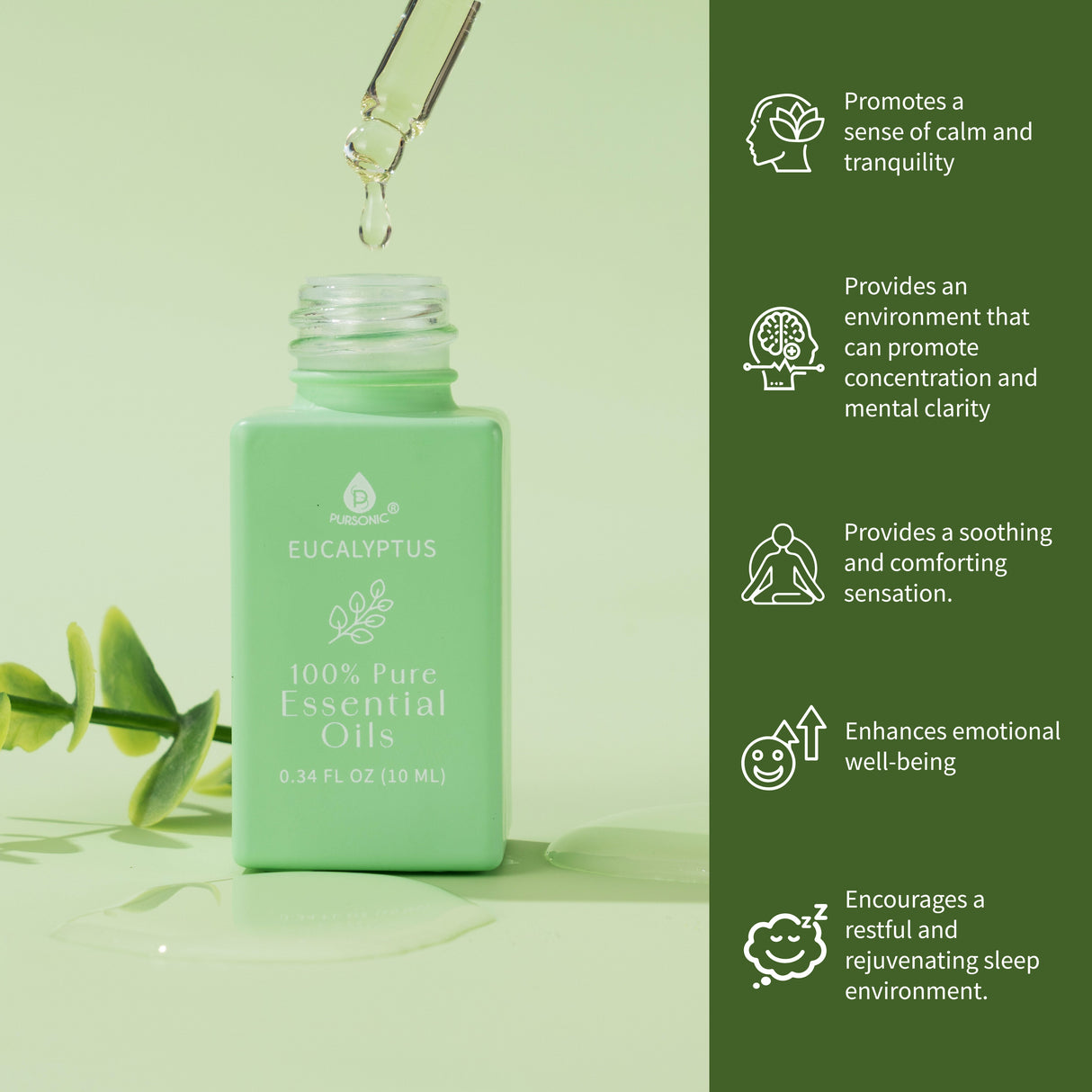 100% Pure Natural Essence Essential Oils – Nature’s Healing Power with Eucalyptus, Frankincense, Lavender, and Peppermint from Pursonic