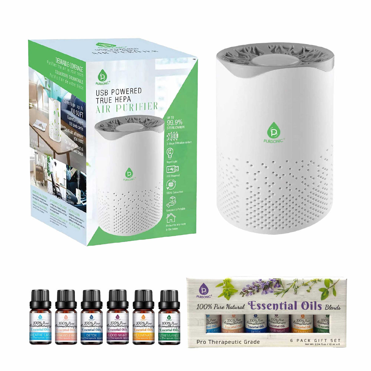 Pursonic Air Purifier with 6-Pack Premium Essential Oils Collection from Pursonic