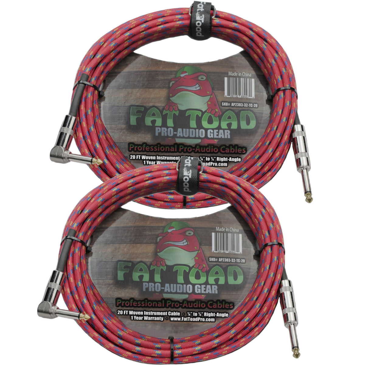 Guitar Cables (2 Pack) Right Angle to Straight-End Instrument Cord Tweed Cloth Jacket by FAT TOAD - Braided Woven 20 FT 1/4 Inch Gold Jack TS from GeekStands.com
