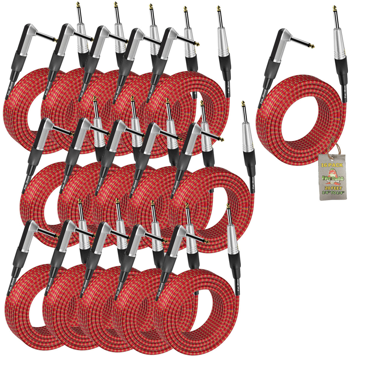 20 Foot Guitar Cords (16-Pack) by FAT TOAD - Right-Angle to Straight-End Instrument Cable with Tweed Cloth Jacket - 20FT 1/4-Inch TS Jack for Electric Guitar, Bass & Amp - Shielded 24 AWG Patch Conductor from GeekStands.com