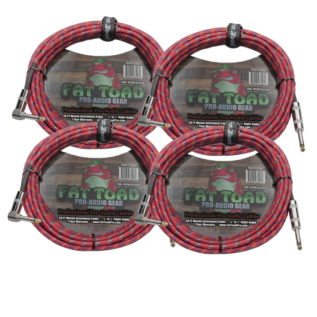 Guitar Cords (4 Pack) Right Angle to Straight-End Instrument Cable Tweed Cloth Jacket by FAT TOAD | Braided Woven 20FT 1/4 Inch Jack TS for Electric Guitar, Bass, AMP | Shielded 24 AWG Patch Conductor from GeekStands.com