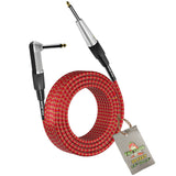 Guitar Cable Right Angled to 1/4 Straight-End Instrument Cord Tweed Cloth Jacket by FAT TOAD - Braided Woven 20FT Quarter Inch Gold Jack TS from GeekStands.com