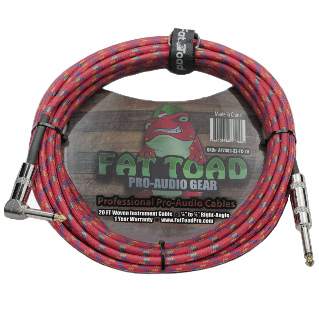 Guitar Cable Right Angled to 1/4 Straight-End Instrument Cord Tweed Cloth Jacket by FAT TOAD - Braided Woven 20FT Quarter Inch Gold Jack TS from GeekStands.com