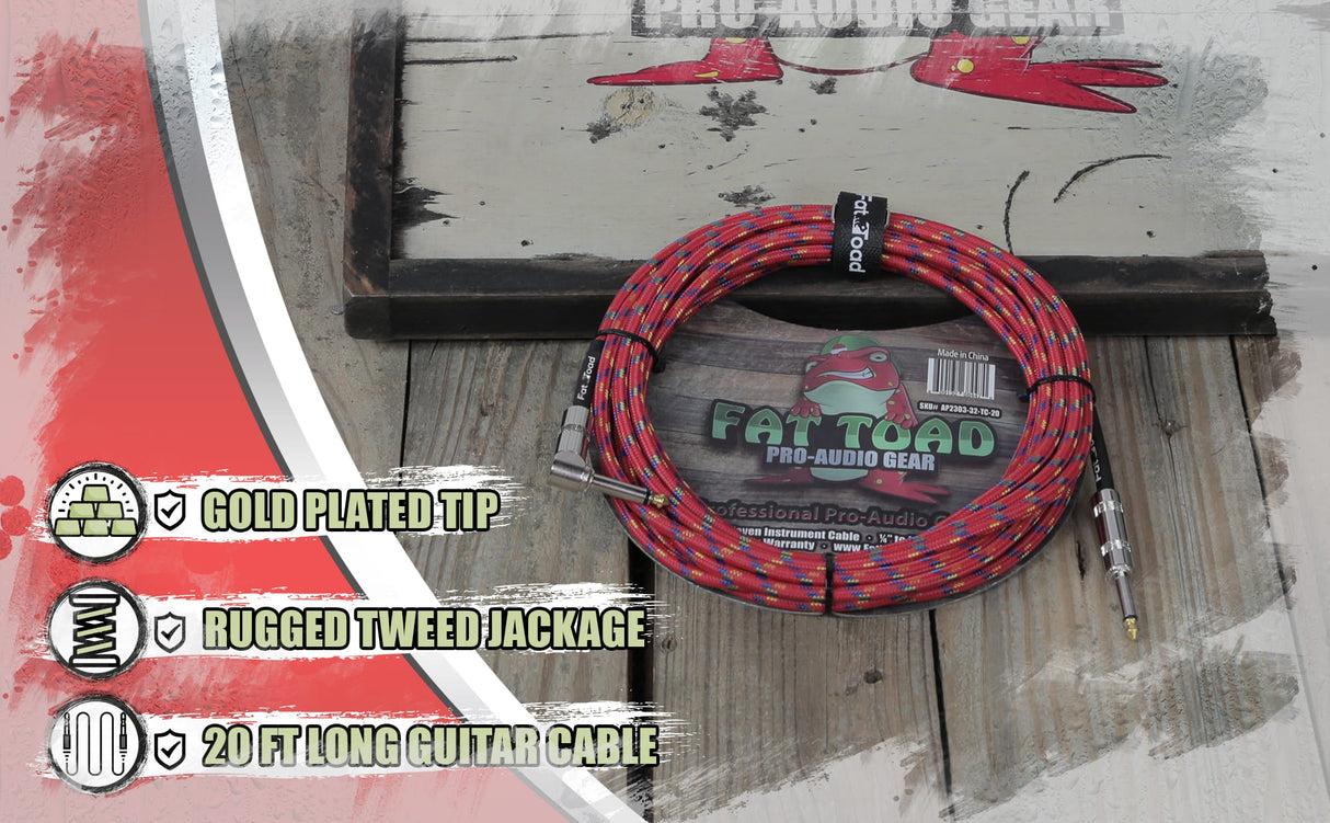 Guitar Cable Right Angled to 1/4 Straight-End Instrument Cord Tweed Cloth Jacket by FAT TOAD - Braided Woven 20FT Quarter Inch Gold Jack TS from GeekStands.com