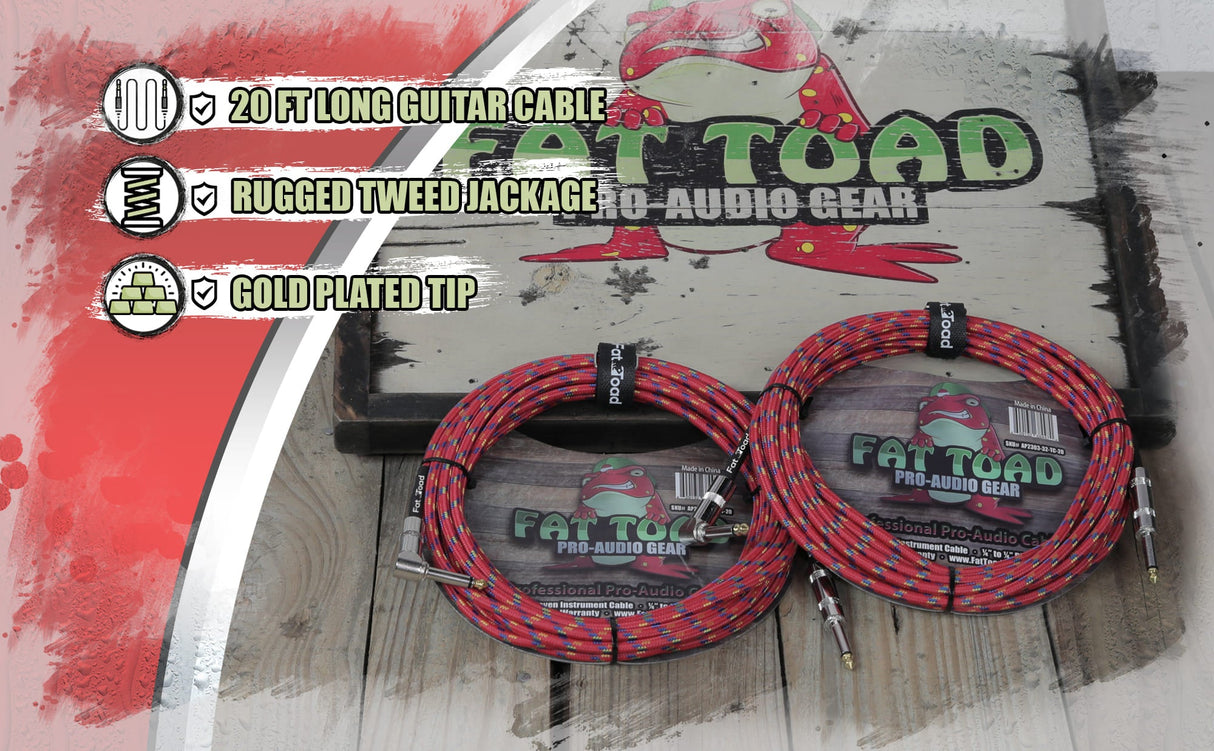 Guitar Cables (2 Pack) Right Angle to Straight-End Instrument Cord Tweed Cloth Jacket by FAT TOAD - Braided Woven 20 FT 1/4 Inch Gold Jack TS from GeekStands.com