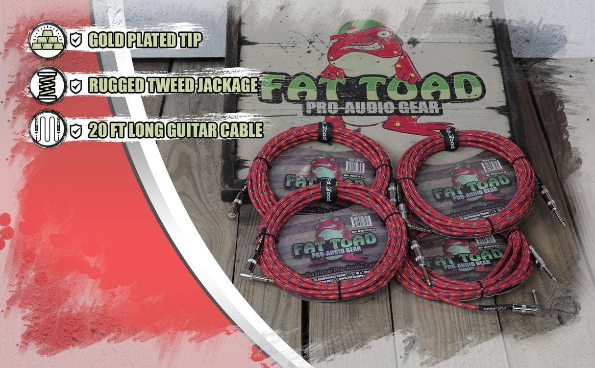 Guitar Cords (4 Pack) Right Angle to Straight-End Instrument Cable Tweed Cloth Jacket by FAT TOAD - Braided Woven 20FT 1/4 Inch Jack TS Electric AMP from GeekStands.com