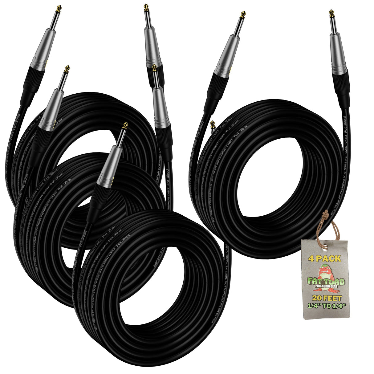 Guitar Cables (4 Pack) Instrument Cord by FAT TOAD | 24 AWG Patch Conductor for Electric or Acoustic Guitar, Bass, Amps, Keyboards & Pro-Audio DJ Recording Studio PA | 20FT 1/4 Inch Straight-End Wires from GeekStands.com