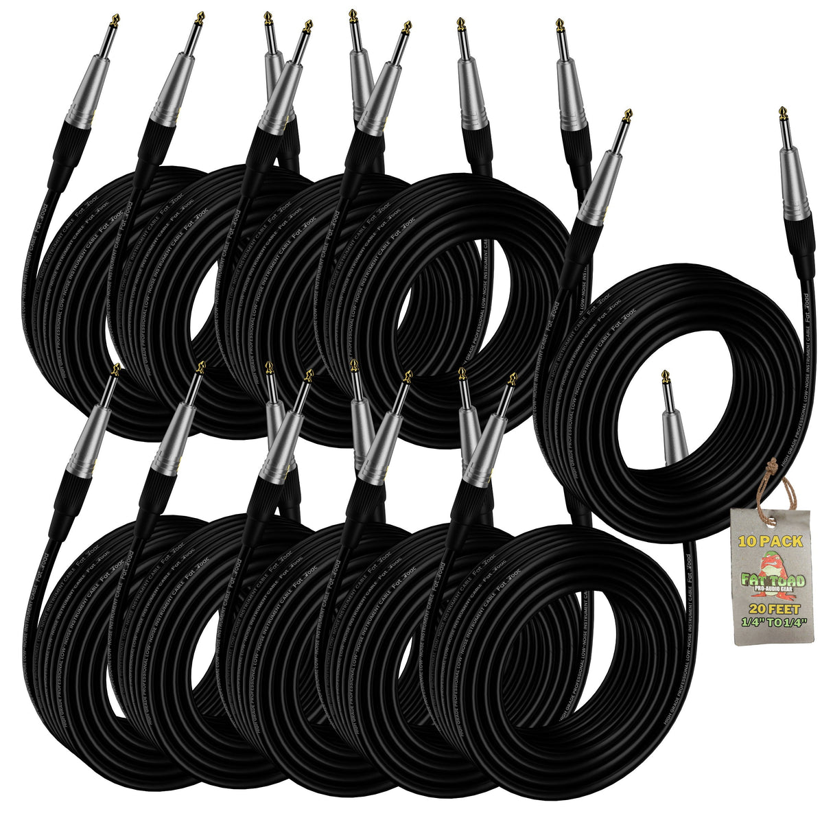Guitar Cables (10 Pack) Instrument Cord by FAT TOAD | 24 AWG Patch Conductor for Electric Guitar, Bass, Amplifier, Speaker, Keyboard & Recording Studio | Shielded 20FT 1/4 Inch Gold Straight-End Wires from GeekStands.com