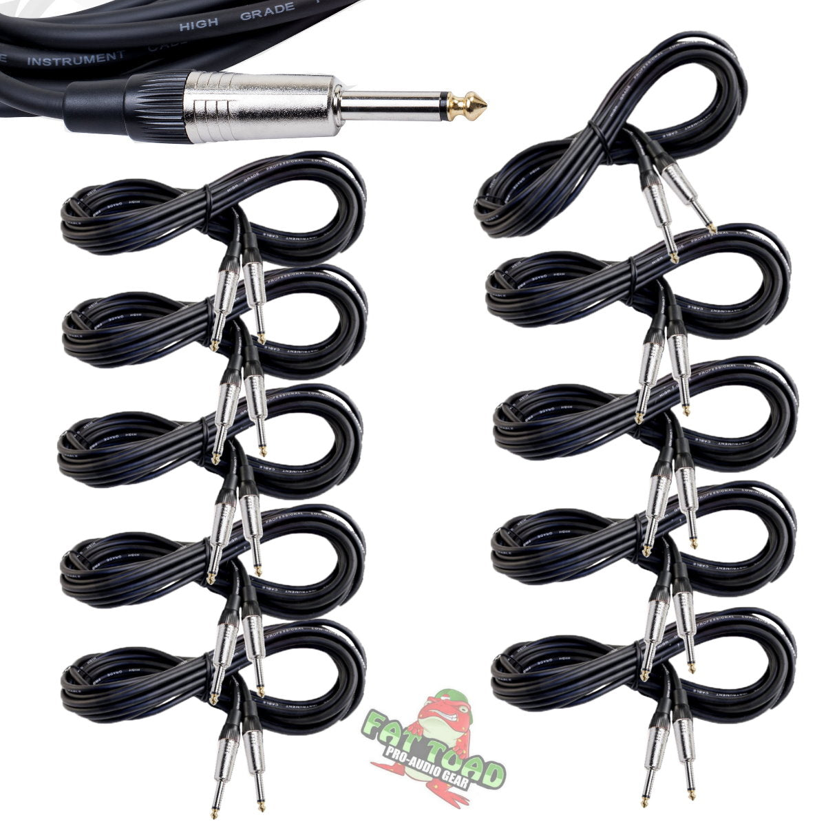 Guitar Cables (10 Pack) Instrument Cord by FAT TOAD | 24 AWG Patch Conductor for Electric Guitar, Bass, Amplifier, Speaker, Keyboard & Recording Studio | Shielded 20FT 1/4 Inch Gold Straight-End Wires from GeekStands.com