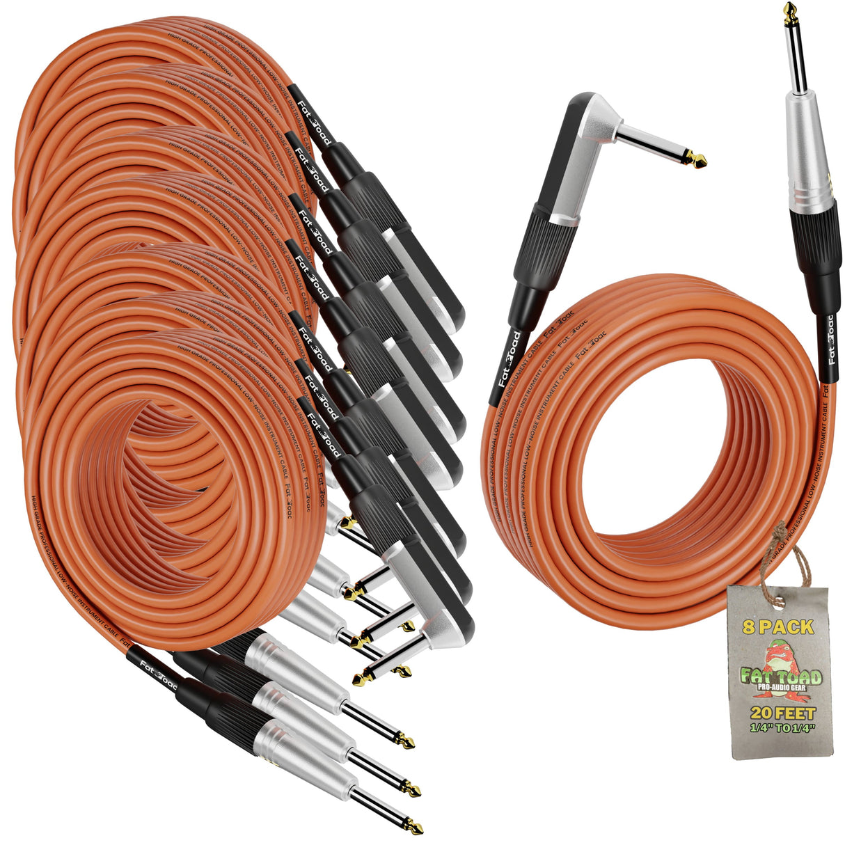 8 PACK - Guitar Cables Right Angled Instrument Cords by FAT TOAD | 20FT 1/4 Quarter Inch Straight-End 24 GA Wires for Electric Guitar Pedal, Bass, Keyboards, Speaker Amplifier & Audio Studio Recording from GeekStands.com