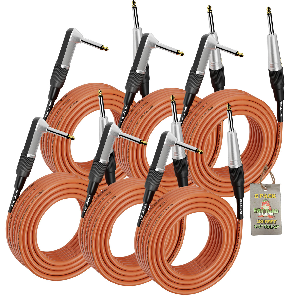 Guitar Cables (6 Pack) Right Angled Instrument Cord by FAT TOAD - 20FT 1/4 Quarter Inch Straight-End 20 GA Wires for Electric Guitar Pedal, Keyboards from GeekStands.com