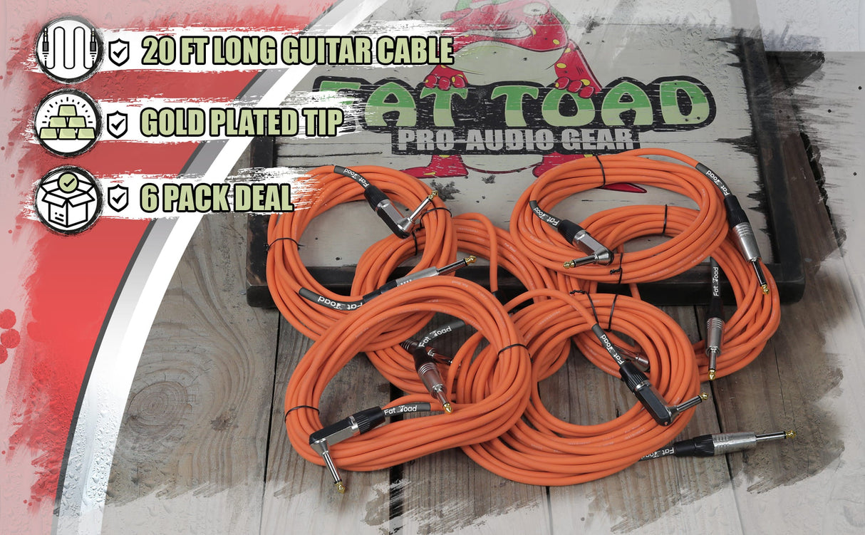 Guitar Cables (6 Pack) Right Angled Instrument Cord by FAT TOAD | 20FT 1/4 Quarter Inch Straight-End 20 GA Wires for Electric Guitar Pedal, Bass, Keyboards, Speaker Amplifier & Audio Studio Recording from GeekStands.com
